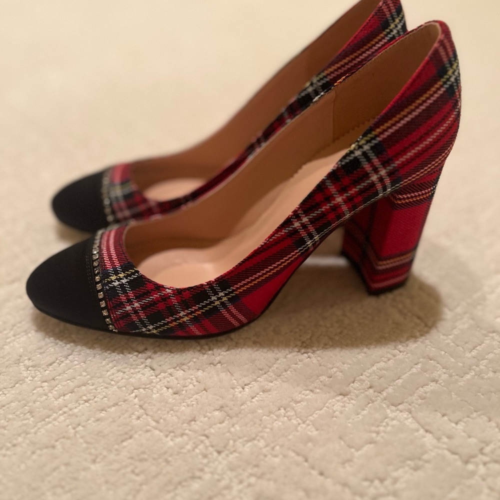 J.Crew Red Tartan Pump, w/ Rhinestone Boarder, Glitter Sole, Like New, Size 6